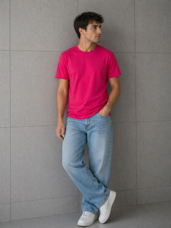 Erkek Basic Pamuklu Tişört Bisiklet Yaka Düz Renk Regular Fit T-shirt - Fuşya