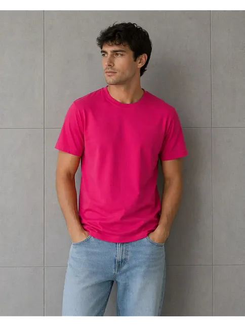 Erkek Basic Pamuklu Tişört Bisiklet Yaka Düz Renk Regular Fit T-shirt - Fuşya