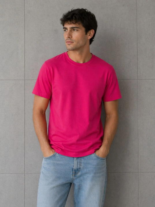 Erkek Basic Pamuklu Tişört Bisiklet Yaka Düz Renk Regular Fit T-shirt - Fuşya