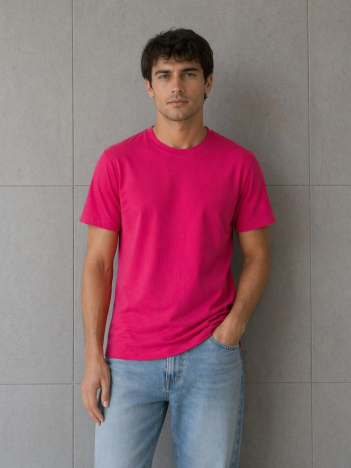 Erkek Basic Pamuklu Tişört Bisiklet Yaka Düz Renk Regular Fit T-shirt - Fuşya