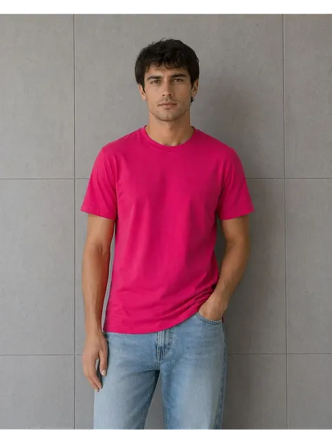 Erkek Basic Pamuklu Tişört Bisiklet Yaka Düz Renk Regular Fit T-shirt - Fuşya