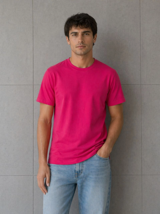 Erkek Basic Pamuklu Tişört Bisiklet Yaka Düz Renk Regular Fit T-shirt - Fuşya