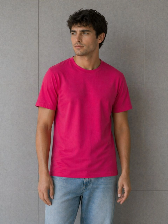 Erkek Basic Pamuklu Tişört Bisiklet Yaka Düz Renk Regular Fit T-shirt - Fuşya