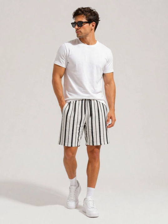 Erkek Çizgili Yazlık Şort Dokuma Kumaş Lastikli Bel Cepli Rahat Kesim - Ekru