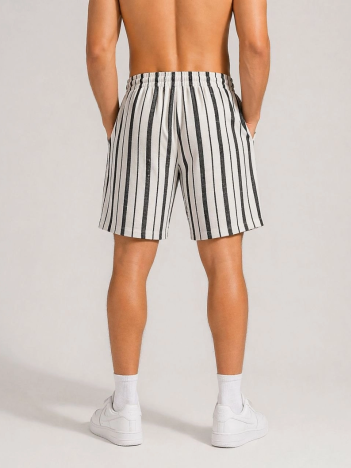 Erkek Çizgili Yazlık Şort Dokuma Kumaş Lastikli Bel Cepli Rahat Kesim - Ekru