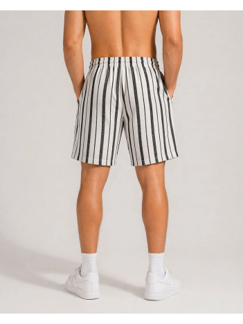 Erkek Çizgili Yazlık Şort Dokuma Kumaş Lastikli Bel Cepli Rahat Kesim - Ekru