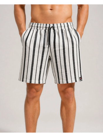 Erkek Çizgili Yazlık Şort Dokuma Kumaş Lastikli Bel Cepli Rahat Kesim - Ekru