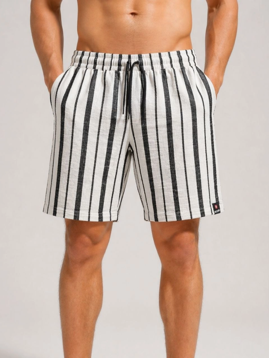 Erkek Çizgili Yazlık Şort Dokuma Kumaş Lastikli Bel Cepli Rahat Kesim - Ekru
