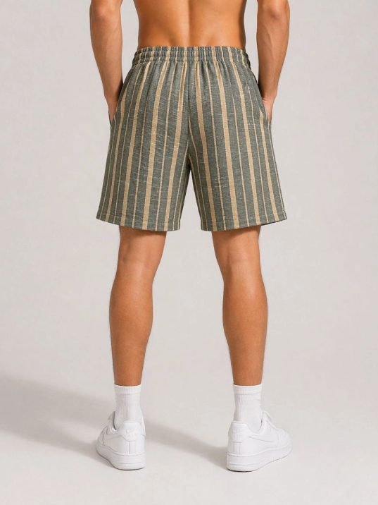 Erkek Çizgili Yazlık Şort Dokuma Kumaş Lastikli Bel Cepli Rahat Kesim - Haki