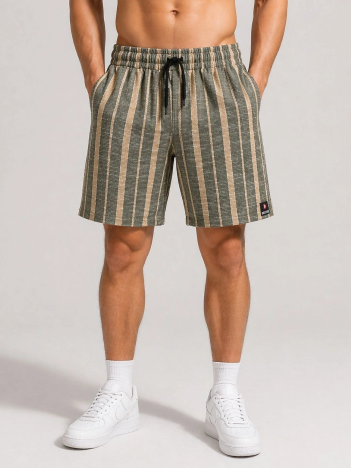 Erkek Çizgili Yazlık Şort Dokuma Kumaş Lastikli Bel Cepli Rahat Kesim - Haki