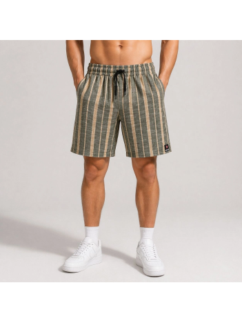 Erkek Çizgili Yazlık Şort Dokuma Kumaş Lastikli Bel Cepli Rahat Kesim - Haki
