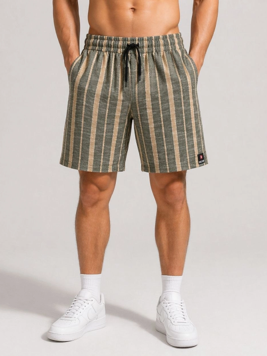 Erkek Çizgili Yazlık Şort Dokuma Kumaş Lastikli Bel Cepli Rahat Kesim - Haki