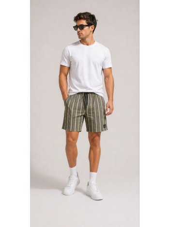 Erkek Çizgili Yazlık Şort Dokuma Kumaş Lastikli Bel Cepli Rahat Kesim - Haki