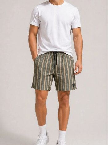 Erkek Çizgili Yazlık Şort Dokuma Kumaş Lastikli Bel Cepli Rahat Kesim - Haki