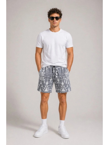 Erkek Desenli Dokuma Yazlık Şort Lastikli Bel Bağcıklı Rahat Kesim - Gri