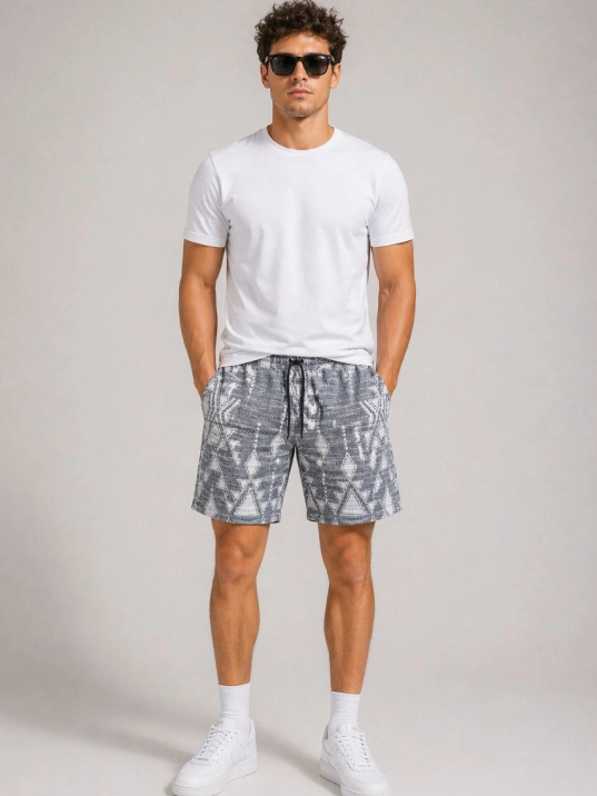Erkek Desenli Dokuma Yazlık Şort Lastikli Bel Bağcıklı Rahat Kesim - Gri