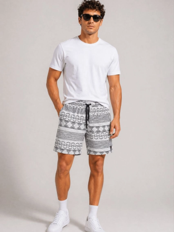 Erkek Dokuma Etnik Desenli Şort Lastikli Bel Bağcıklı Cepli Yazlık Rahat - Gri