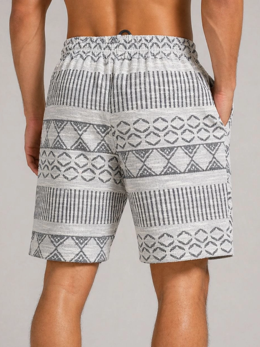 Erkek Dokuma Etnik Desenli Şort Lastikli Bel Bağcıklı Cepli Yazlık Rahat - Gri