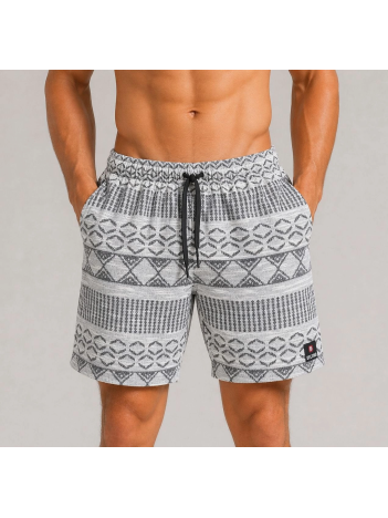 Erkek Dokuma Etnik Desenli Şort Lastikli Bel Bağcıklı Cepli Yazlık Rahat - Gri
