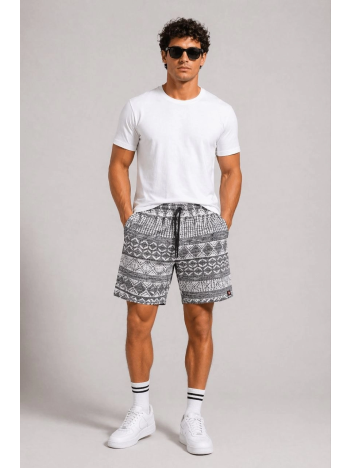 Erkek Dokuma Etnik Desenli Şort Lastikli Bel Bağcıklı Cepli Yazlık Rahat - Gri