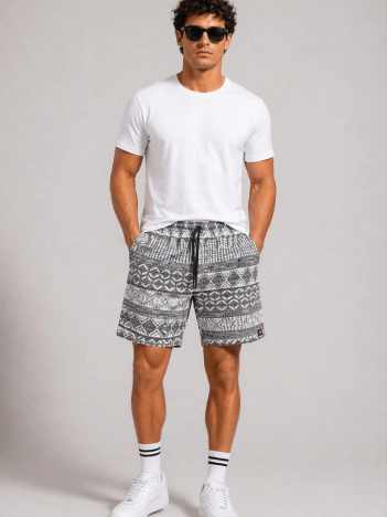 Erkek Dokuma Etnik Desenli Şort Lastikli Bel Bağcıklı Cepli Yazlık Rahat - Gri