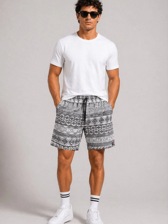 Erkek Dokuma Etnik Desenli Şort Lastikli Bel Bağcıklı Cepli Yazlık Rahat - Gri