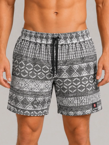 Erkek Dokuma Etnik Desenli Şort Lastikli Bel Bağcıklı Cepli Yazlık Rahat - Gri