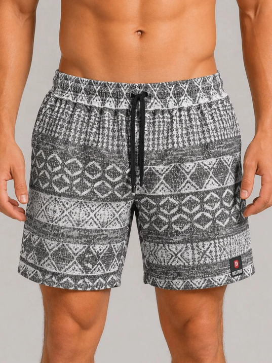 Erkek Dokuma Etnik Desenli Şort Lastikli Bel Bağcıklı Cepli Yazlık Rahat - Gri