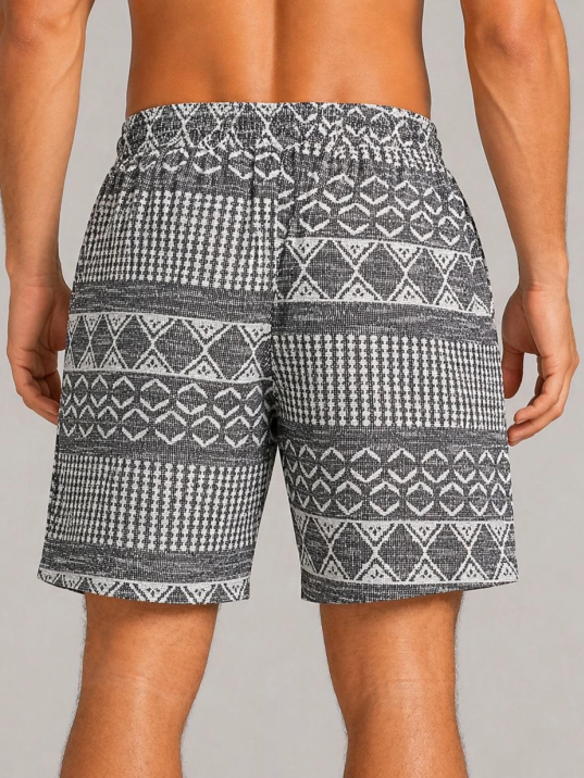 Erkek Dokuma Etnik Desenli Şort Lastikli Bel Bağcıklı Cepli Yazlık Rahat - Gri