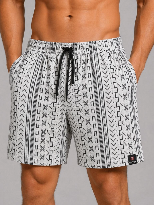 Erkek Etnik Desenli Dokuma Şort Lastikli Bağcıklı Bel Cepli Yazlık Rahat - Gri