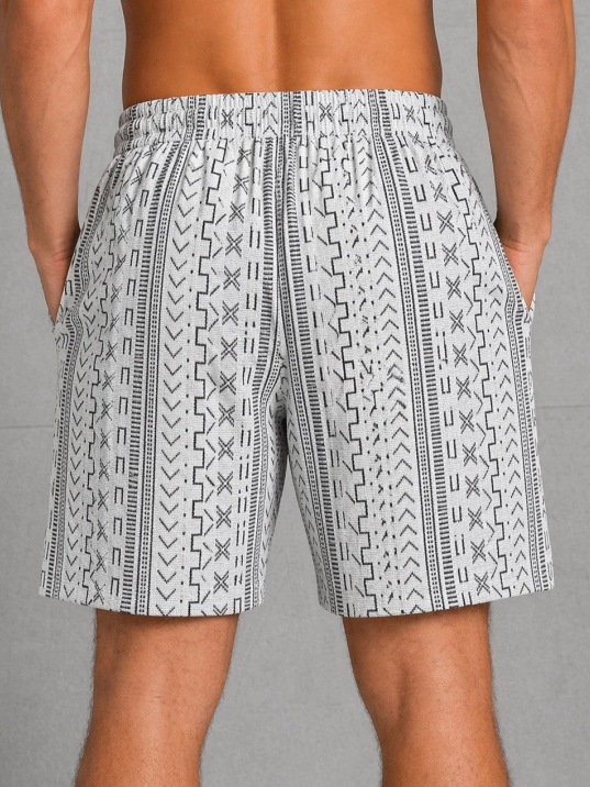Erkek Etnik Desenli Dokuma Şort Lastikli Bağcıklı Bel Cepli Yazlık Rahat - Gri