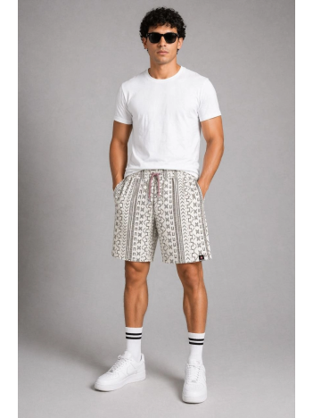 Erkek Dokuma Şort Etnik Desenli Lastikli Bağcıklı Bel Cepli Yazlık Rahat - Bej
