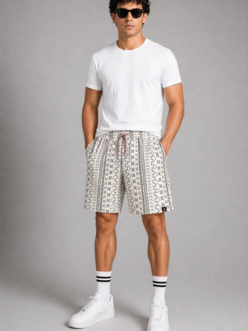 Erkek Dokuma Şort Etnik Desenli Lastikli Bağcıklı Bel Cepli Yazlık Rahat - Bej