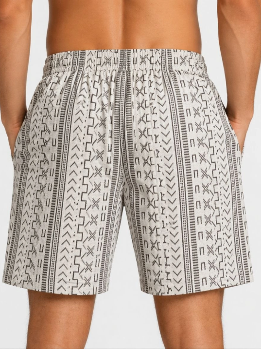 Erkek Dokuma Şort Etnik Desenli Lastikli Bağcıklı Bel Cepli Yazlık Rahat - Bej