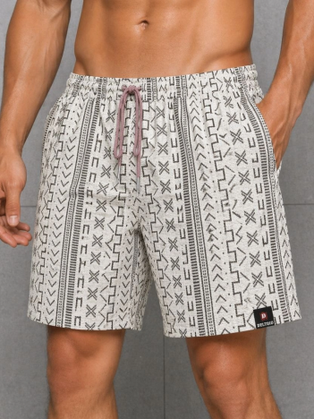 Erkek Dokuma Şort Etnik Desenli Lastikli Bağcıklı Bel Cepli Yazlık Rahat - Bej
