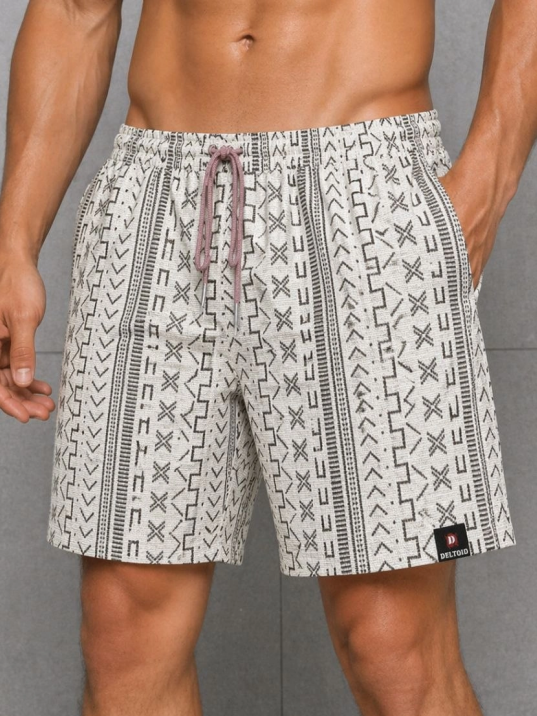 Erkek Dokuma Şort Etnik Desenli Lastikli Bağcıklı Bel Cepli Yazlık Rahat - Bej