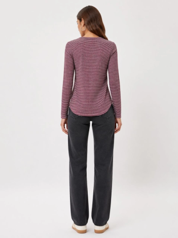 Kadın Dokulu Çizgili Uzun Kollu Tişört Oval Kesim Basic Rahat Kalıp Bluz - Bordo
