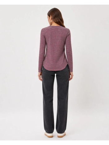 Kadın Dokulu Çizgili Uzun Kollu Tişört Oval Kesim Basic Rahat Kalıp Bluz - Bordo