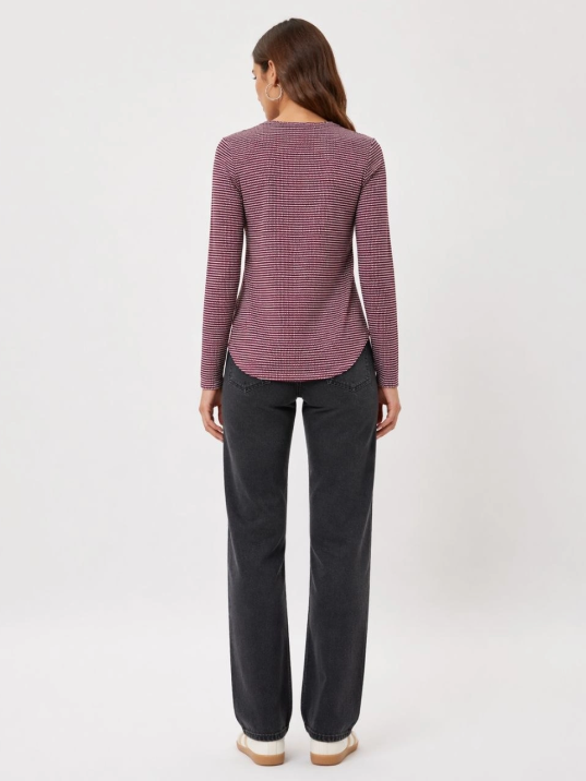 Kadın Dokulu Çizgili Uzun Kollu Tişört Oval Kesim Basic Rahat Kalıp Bluz - Bordo