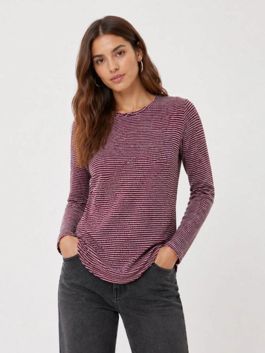 Kadın Dokulu Çizgili Uzun Kollu Tişört Oval Kesim Basic Rahat Kalıp Bluz - Bordo