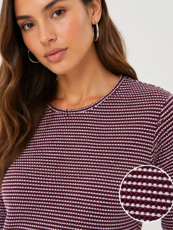 Kadın Dokulu Çizgili Uzun Kollu Tişört Oval Kesim Basic Rahat Kalıp Bluz - Bordo