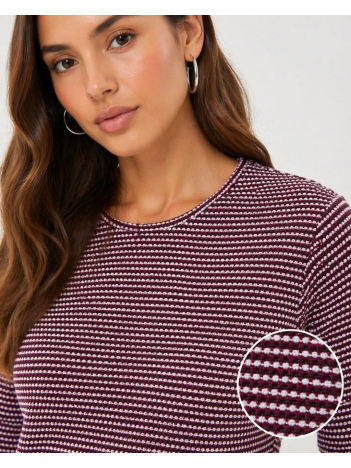 Kadın Dokulu Çizgili Uzun Kollu Tişört Oval Kesim Basic Rahat Kalıp Bluz - Bordo