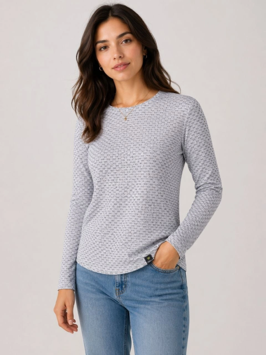 Kadın Likralı Dokulu Uzun Kollu Tişört Oval Kesim Rahat Kalıp Bluz - Gri