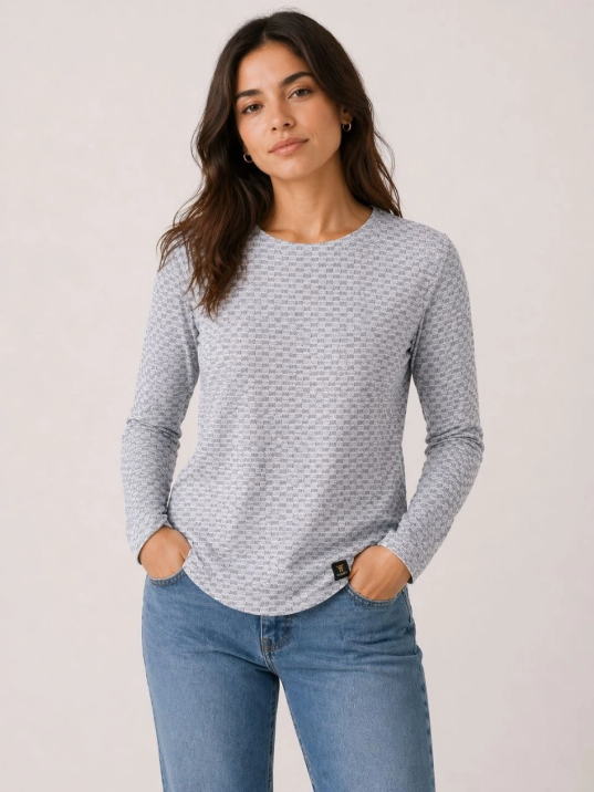 Kadın Likralı Dokulu Uzun Kollu Tişört Oval Kesim Rahat Kalıp Bluz - Gri