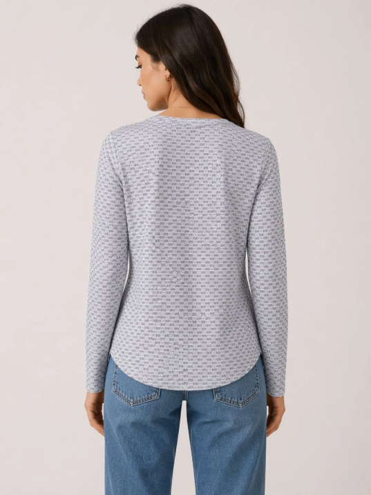 Kadın Likralı Dokulu Uzun Kollu Tişört Oval Kesim Rahat Kalıp Bluz - Gri