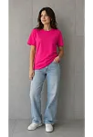 Kadın Basic Pamuklu Tişört Bisiklet Yaka Düz Renk Relaxed Fit T-shirt - Fuşya