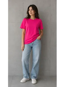 Kadın Basic Pamuklu Tişört Bisiklet Yaka Düz Renk Relaxed Fit T-shirt - Fuşya