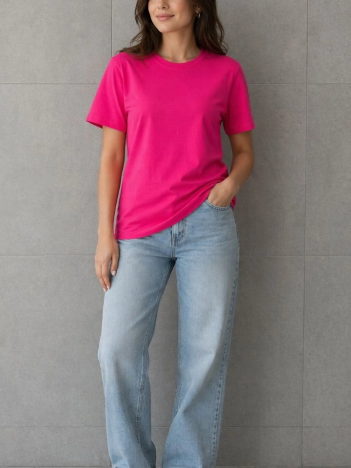 Kadın Basic Pamuklu Tişört Bisiklet Yaka Düz Renk Relaxed Fit T-shirt - Fuşya