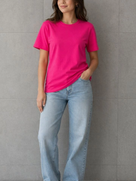 Kadın Basic Pamuklu Tişört Bisiklet Yaka Düz Renk Relaxed Fit T-shirt - Fuşya