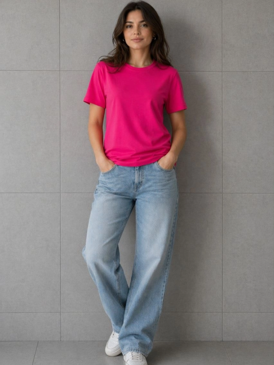 Kadın Basic Pamuklu Tişört Bisiklet Yaka Düz Renk Relaxed Fit T-shirt - Fuşya